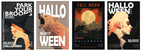 halloween poster , creative set of 4 typography posters with editable text, halloween designs, witch, vampire, dracula, moon, art, vector illustion for social media banner and advertiisment © haris