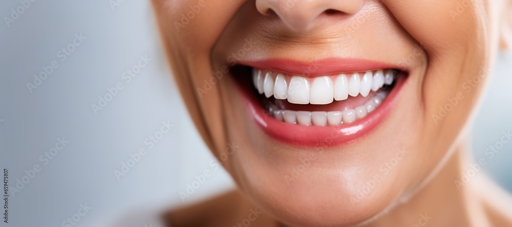 Obraz premium Generative AI, senior woman mouth or teeth smiling, hygiene or dental cleaning cosmetic service