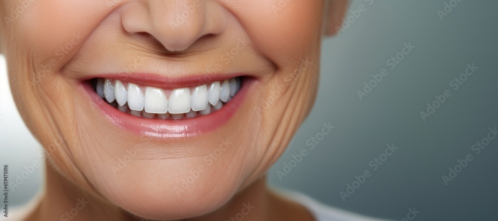 Obraz premium Generative AI, senior woman mouth or teeth smiling, hygiene or dental cleaning cosmetic service