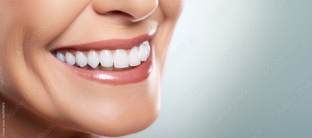 Obraz premium Generative AI, senior woman mouth or teeth smiling, hygiene or dental cleaning cosmetic service