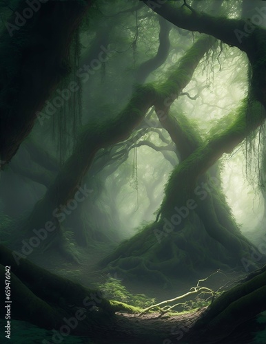 dense forest surrounds, sunlight penetrates the illustration