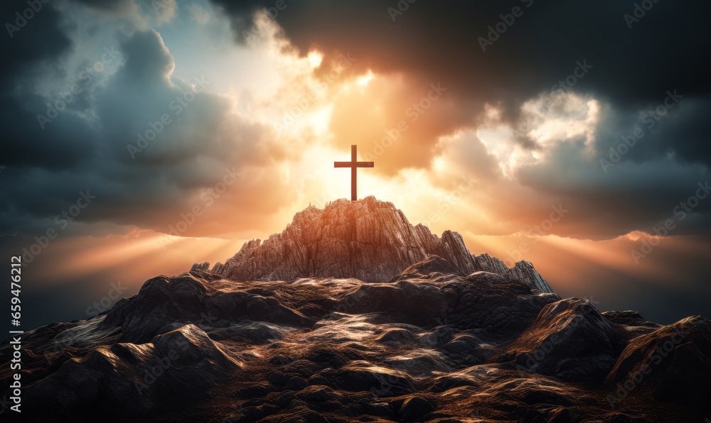 Sacred Horizon: Holy Cross and Illuminated Clouds Over Golgotha Hill - obrazy, fototapety, plakaty 