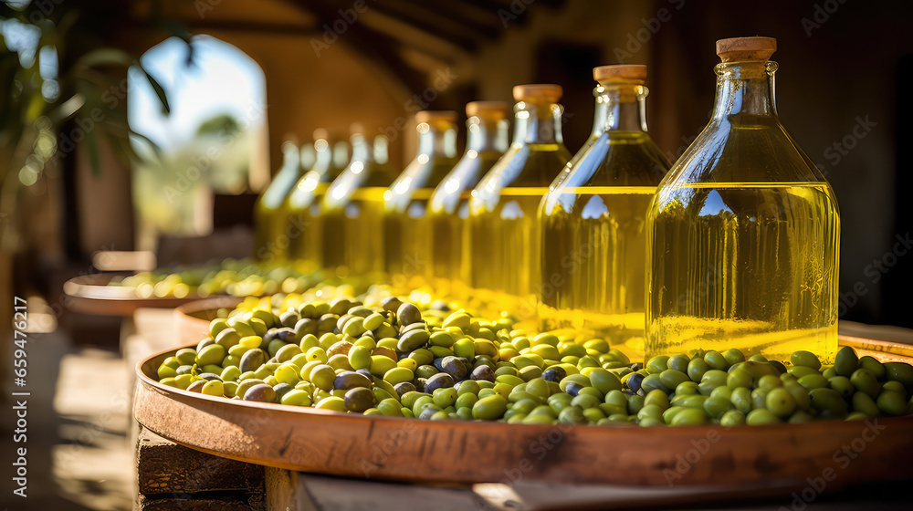 Bottles with fresh olive oil with green olives oil production