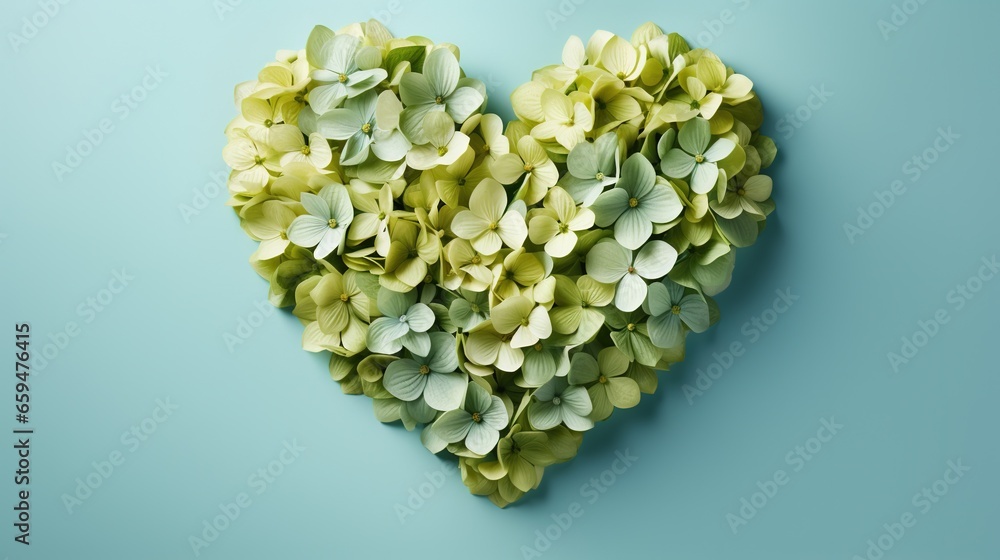  a heart shaped arrangement of green flowers on a blue background.  generative ai