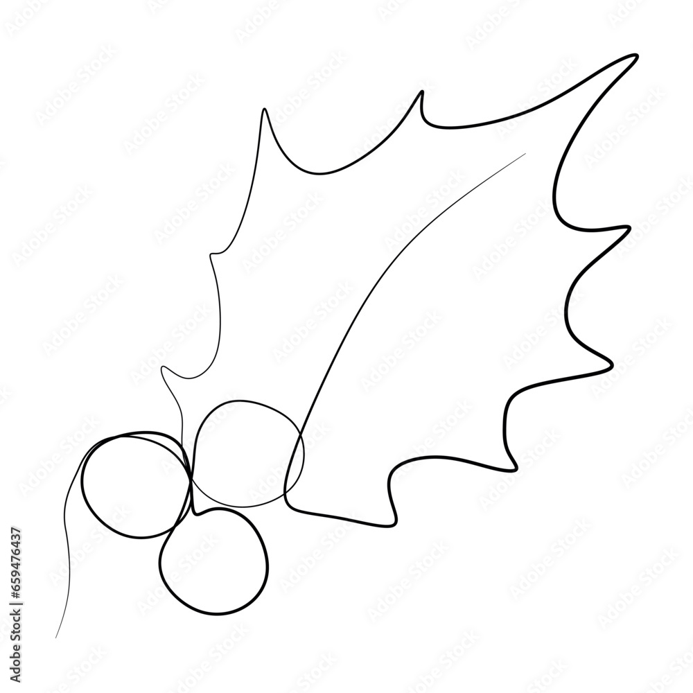 Continuous one line of european holly ilex aquifolium leaves and fruit christmas style in silhouette on a white background. Linear stylized. Minimalist. Continuous one line of european holly ilex aquifolium leaves and fruit christmas style in silhouette on a white background. Linear stylized. Minimalist.