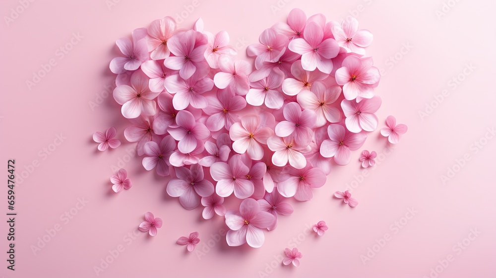  a heart shaped arrangement of pink flowers on a pink background.  generative ai