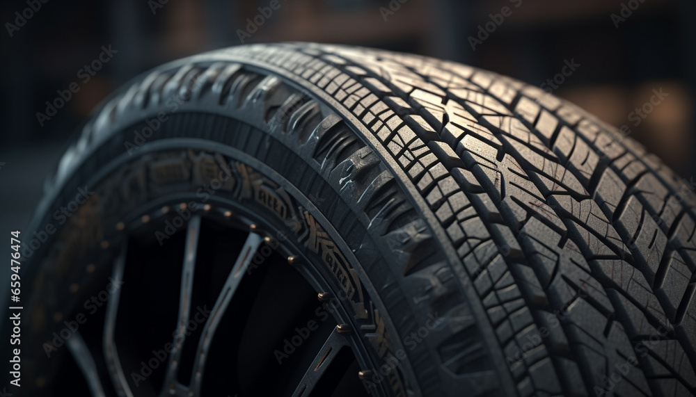 Shiny alloy wheel, wet rubber tire, patterned traction device, driving transportation generated by AI Shiny alloy wheel, wet rubber tire, patterned traction device, driving transportation generated by AI