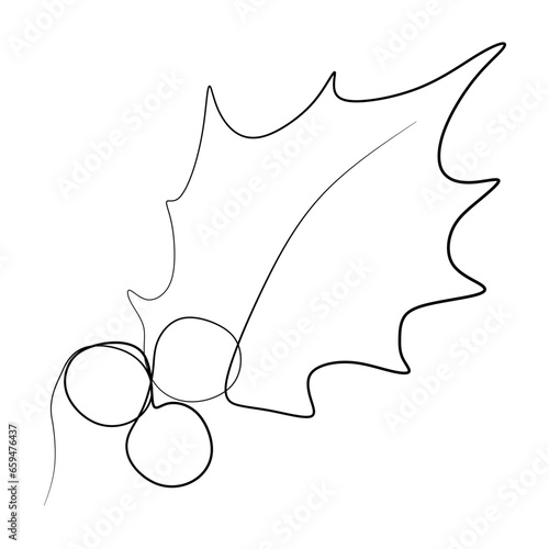 Continuous one line of european holly ilex aquifolium leaves and fruit christmas style in silhouette on a white background. Linear stylized. Minimalist.