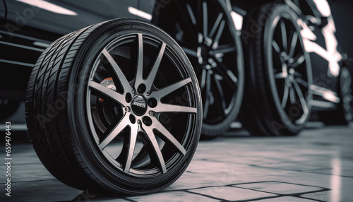 Shiny alloy wheels on a modern sports car reflect elegance and performance generated by AI