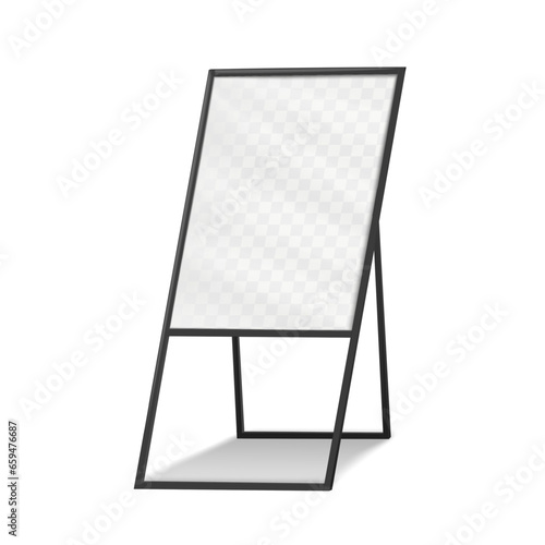 Blank advertising sign holder stand realistic vector mockup. Floor display with black metal frame mock-up. Template for design