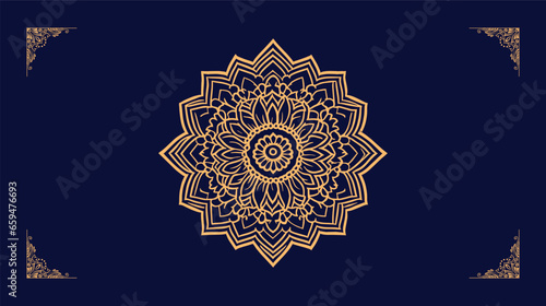 Arabic Vector traditional luxury ornamental mandala design background in gold color design and Navy Blue color background floral mandala patterns design.