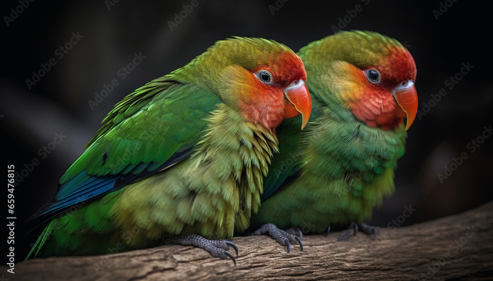 Vibrant macaws perched on branch in rainforest generated by AI