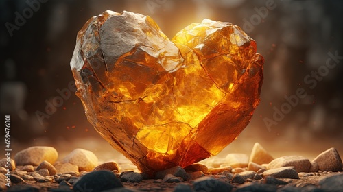  a heart - shaped piece of gold surrounded by rocks and gravel. generative ai