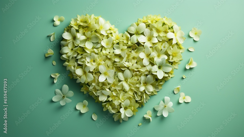  a heart shaped arrangement of flowers on a green background with petals scattered around it.  generative ai