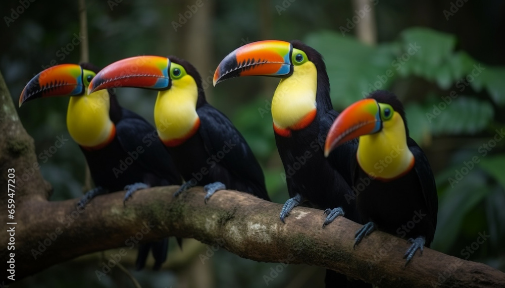 Naklejka premium Vibrant macaws perched on branch in forest generated by AI