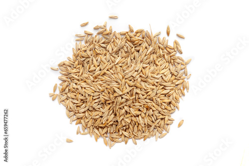 Pile of organic Barley (Hordeum Vulgare) or jau grains isolated on a white background. Top view