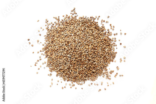 Pile of organic Pearl Millet (Pennisetum glaucum) or Bajra isolated on a white background. Top view photo