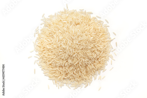 Pile of organic White rice (Oryza sativa) isolated on a white background. Top view