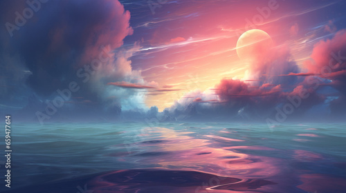 irregular clouds and sea breeze with waves reflecting the light from the beautiful colored sky 3d generative ai photo