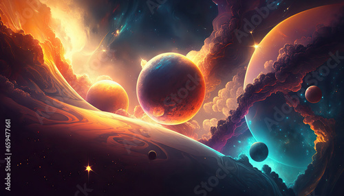 Abstract space core fantasy background with planet and glowing sky background.