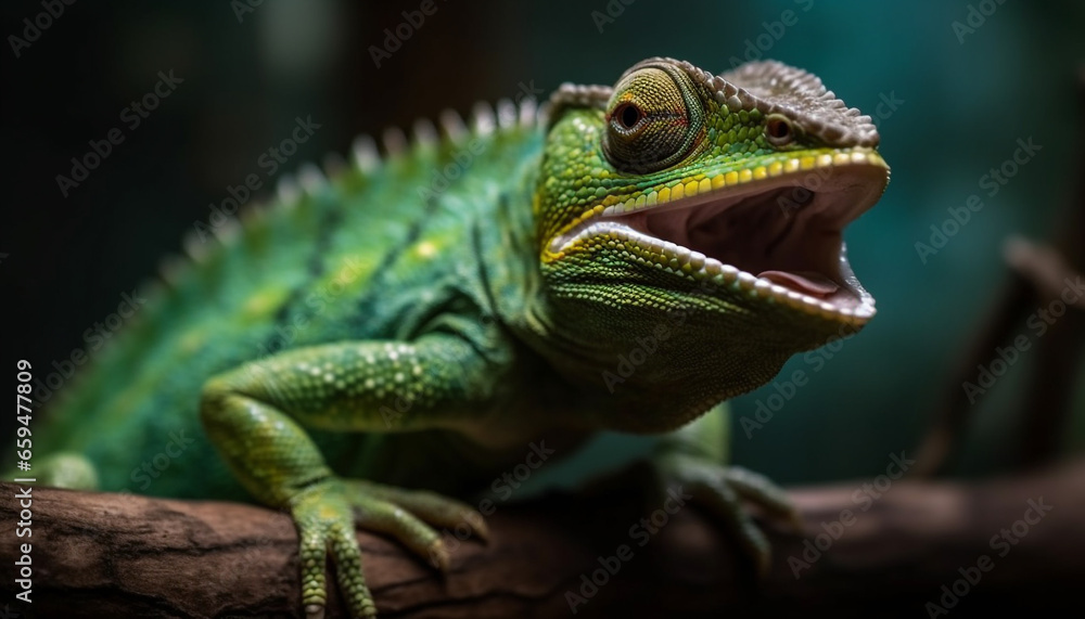 Green lizard on branch, close up portrait generated by AI