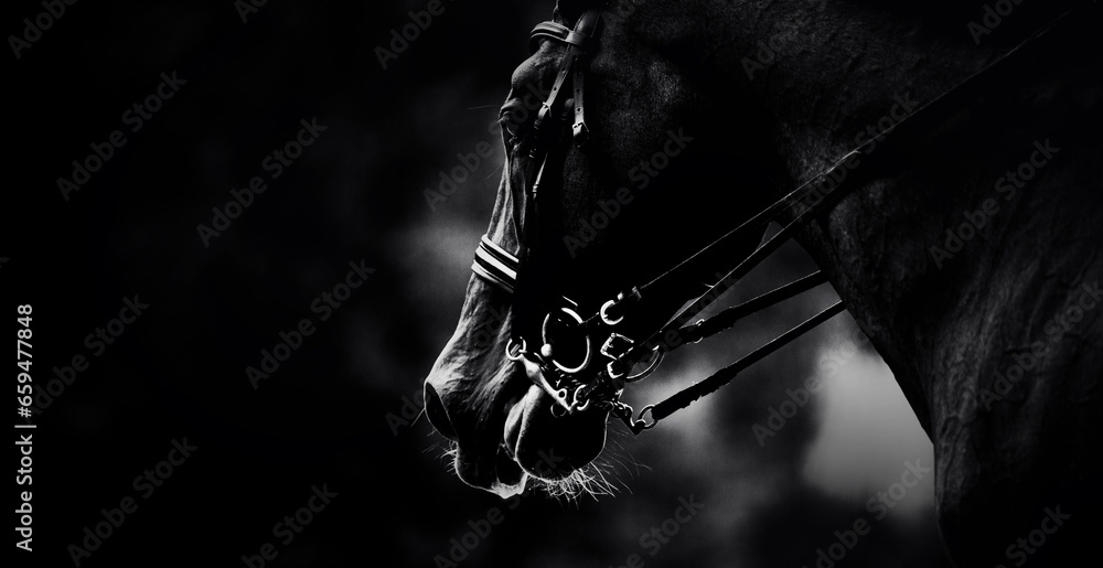 Fototapeta premium The black and white photograph captures the portrait of a horse wearing a bridle. The equestrian sport competitions. Equestrianism and horsemanship. The horseback riding.