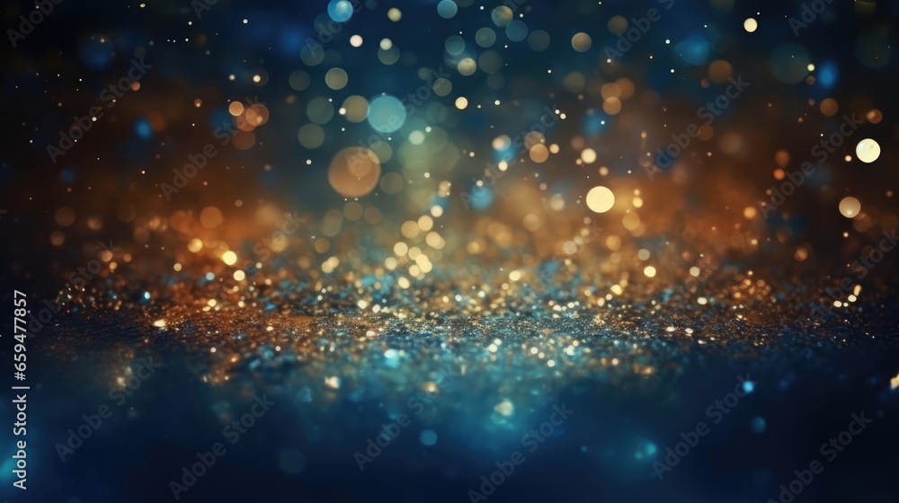 background of abstract glitter lights gold blue and black defocused 