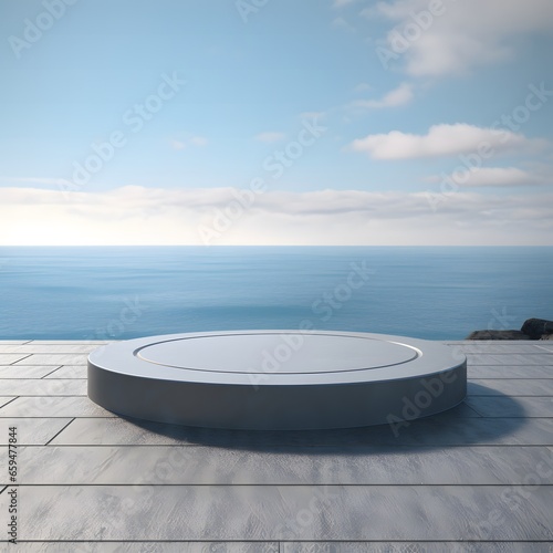 empty round stone platform against seascape background. 
