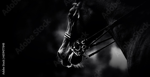 The black and white photograph captures the portrait of a horse wearing a bridle. The equestrian sport competitions. Equestrianism and horsemanship. The horseback riding.
