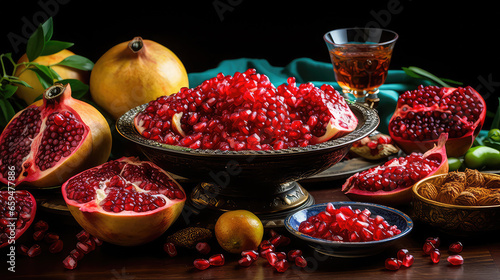 Yalda night treatment on the table pomegranate and fruits photo