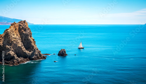 Sailboat in the daytime seascape floating around the island, summer adventure