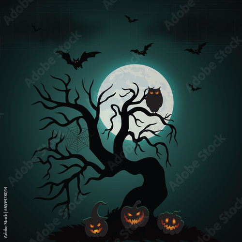Halloween background with tree and pumpkin