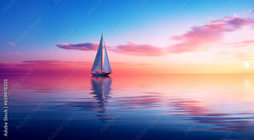 Fototapeta premium Sailboat in the sea in the morning light with distant cotton candy clouds in background, summer adventure