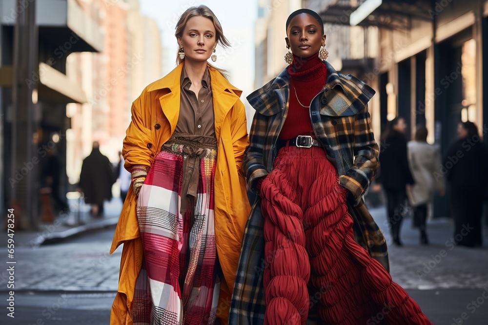 two women standing on a street wearing red and yellow clothes