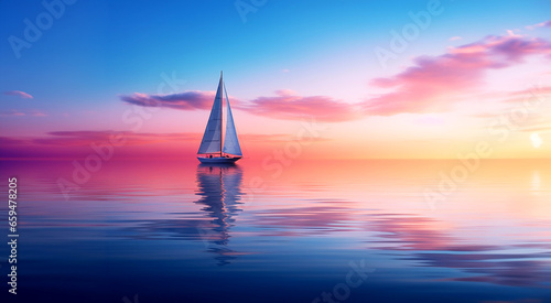 Sailboat in the sea in the morning light with distant cotton candy clouds in background, summer adventure