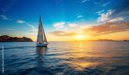 Sailboat in the sea in the evening sunlight over beautiful big sunset in background, luxury summer adventure