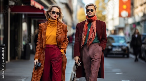 Stylish Couple in Bright, Warm Hues Walks the Street