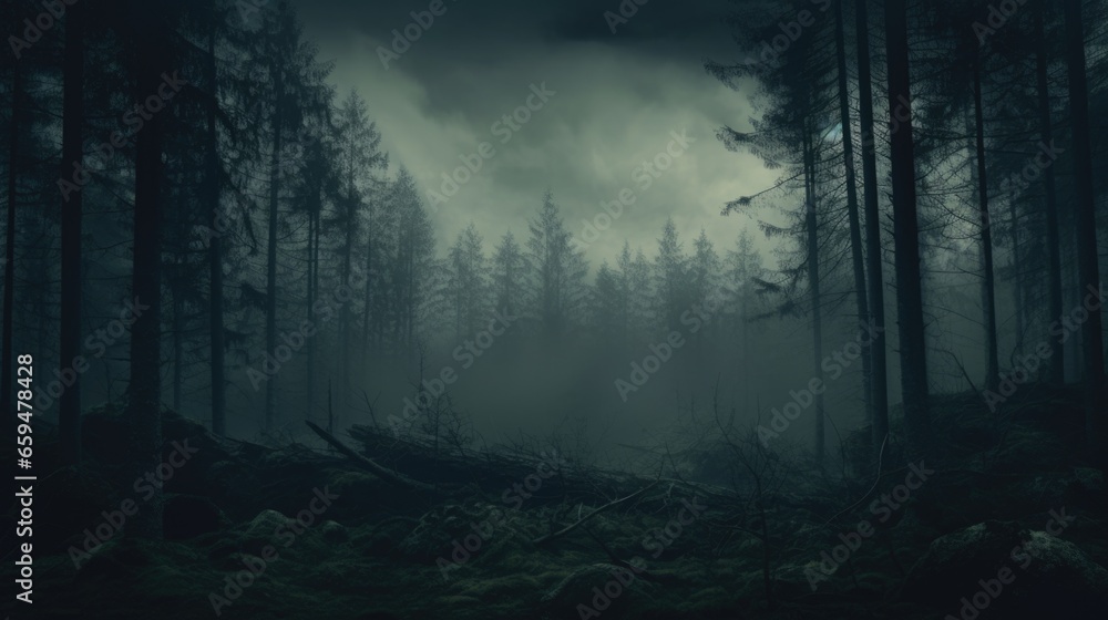 Fototapeta premium Dark Misty Forest Backdrop Enchanted Woods Gloomy Foggy Grove Mystery Halloween Background Nightmare