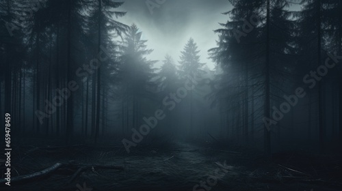 Dark Misty Forest Backdrop Enchanted Woods Gloomy Foggy Grove Mystery Halloween Background Nightmare photo
