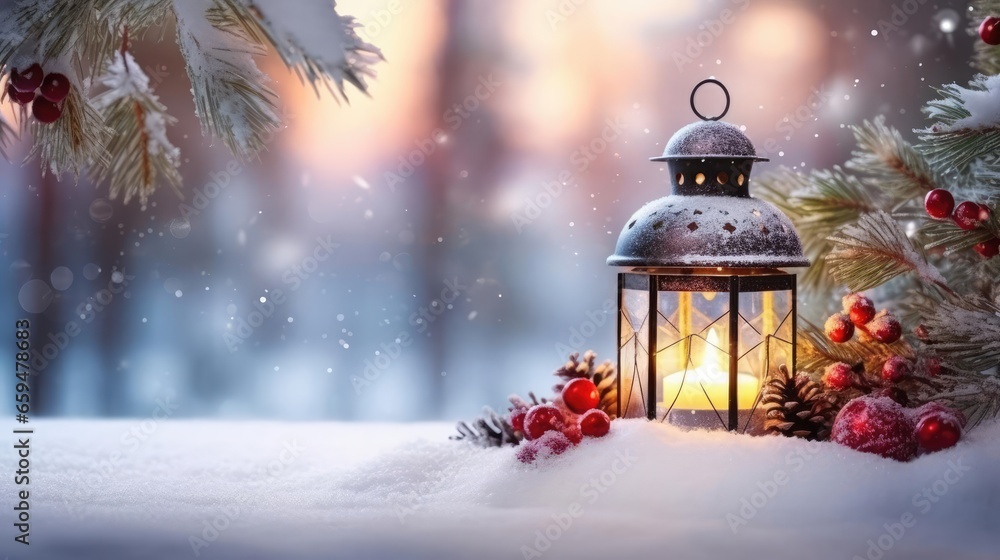 Christmas Lantern On Snow With Fir Branch in the Sunlight Winter Decoration Background  - obrazy, fototapety, plakaty 