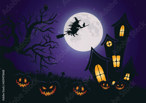 Vector halloween background in flat design with glowing pumpkins vintage castle