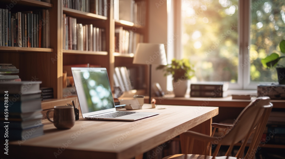 A home office with bookshelves filled with reference materials, remote worker home, working from home, blurred background A home office with bookshelves filled with reference materials, remote worker home, working from home, blurred background