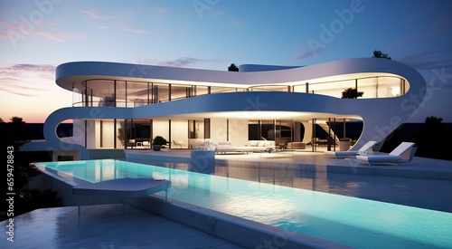 Exterior of modern minimalist villa with swimming pool at sunset. © Jaume Pera