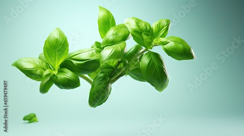  a group of green leaves floating in the air on a blue background. generative ai