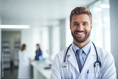 Ein junger, männlicher Arzt mit einem Lächeln, Stethoskop und weißem Arztkittel steht in einer Arztpraxis oder einem Krankenhaus im verschwommenem Hintergrund, Arztbesuch