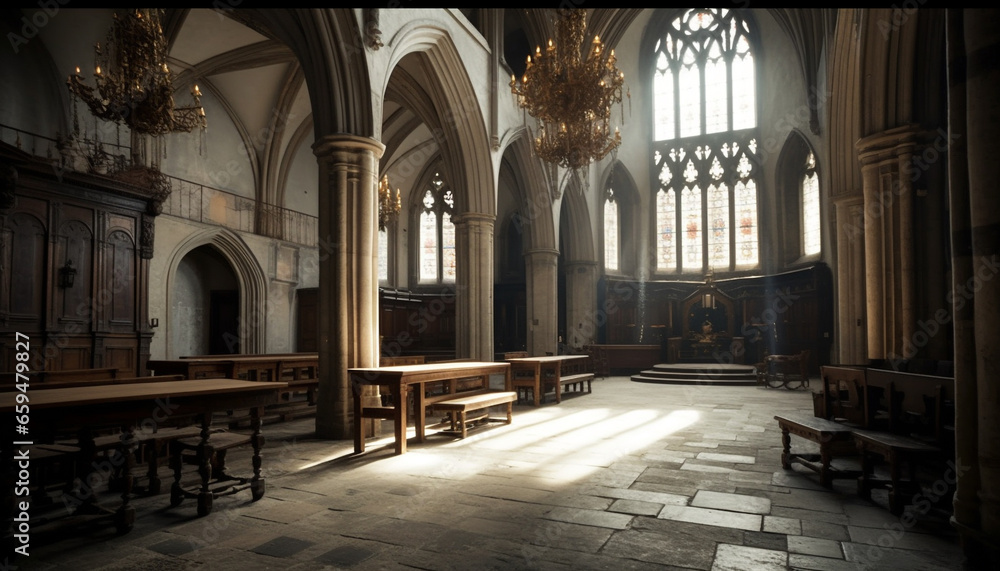 Medieval chapel with gothic architecture, stained glass, and wooden pews generated by AI