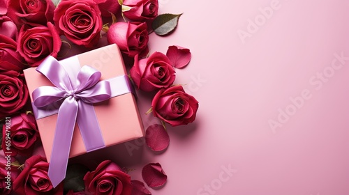  a pink gift box with a purple bow surrounded by red roses. generative ai