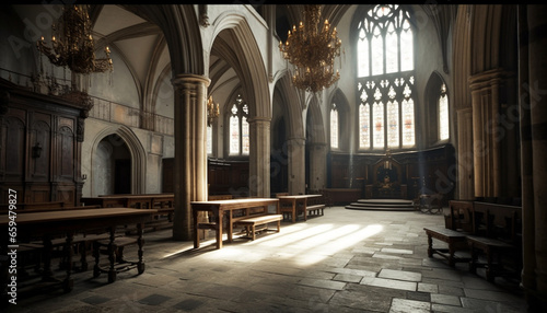 Medieval chapel with gothic architecture, stained glass, and wooden pews generated by AI © djvstock