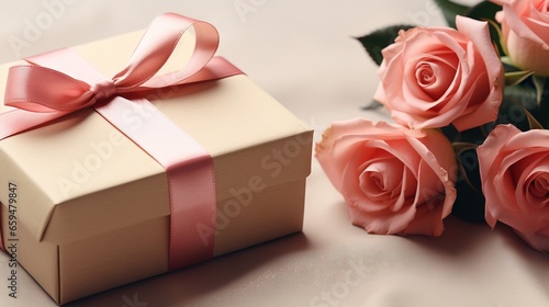  a gift box with a pink ribbon and a bouquet of roses. generative ai