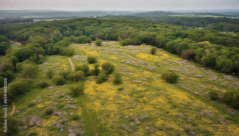 Idyllic rural scene panoramic meadow, yellow wildflowers, tranquil mountain horizon generated by AI